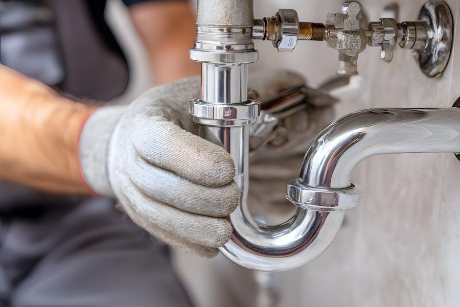 Plumbing repair on an under-sink drain trap by Hulgan Plumbing & Heating in Perry, Iowa
